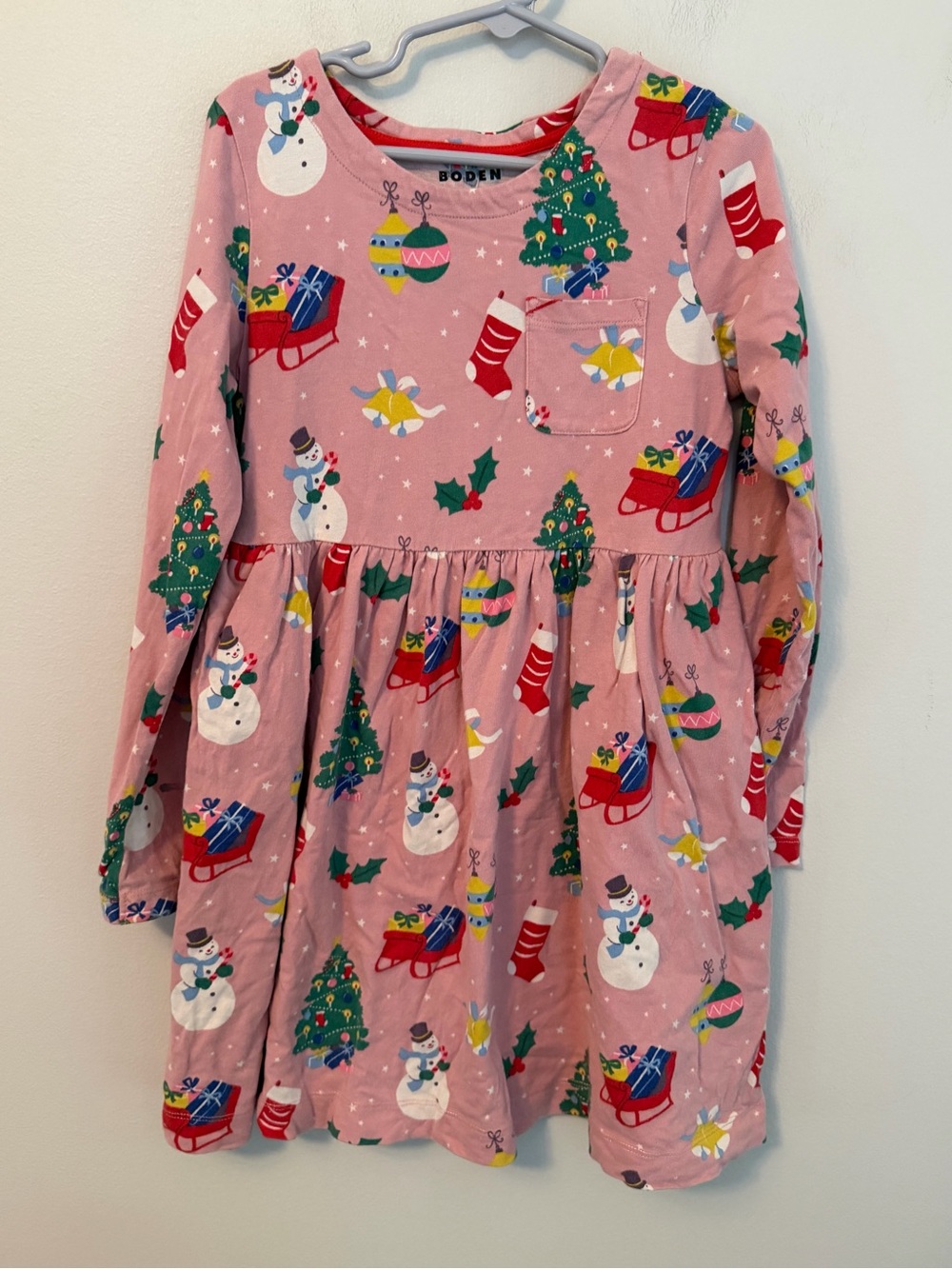 Mini Boden Pink Holiday Print Long-Sleeve Kids Dress